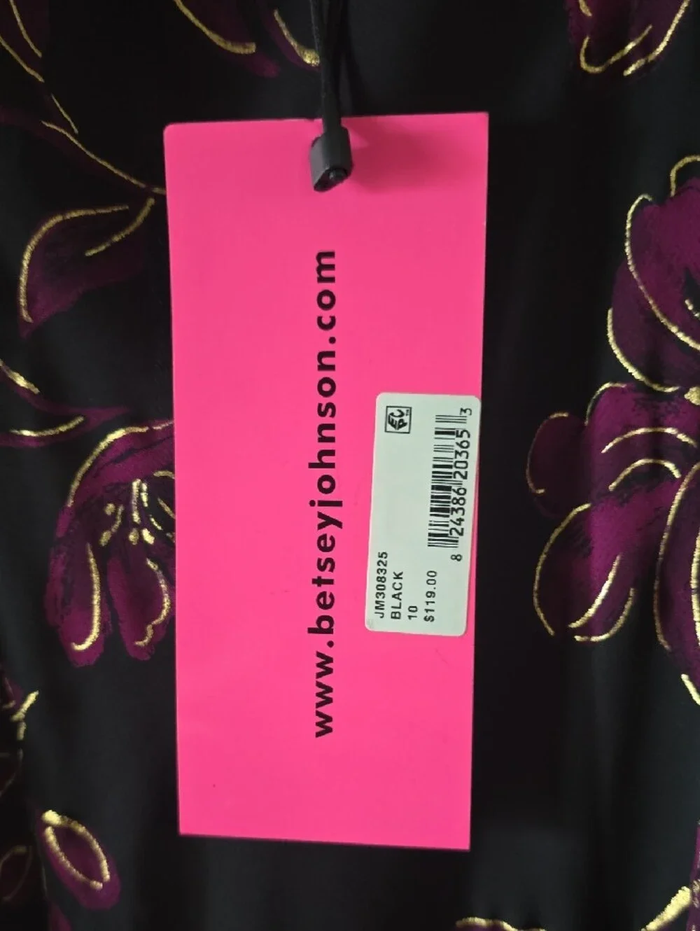 Betsey Johnson Black Dress with Magenta Floral & Gold Trim